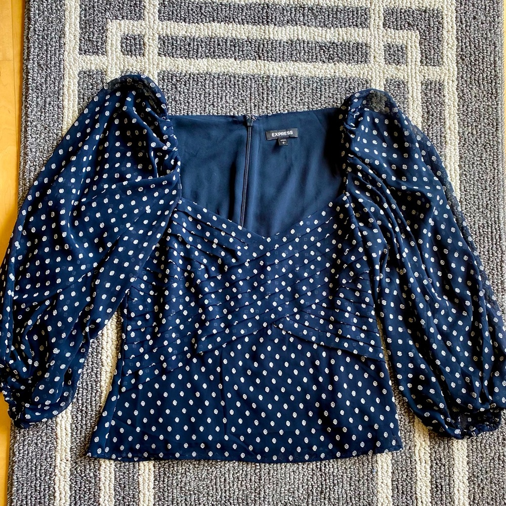 Express Navy and White Puff Sleeve Blouse -Size Small